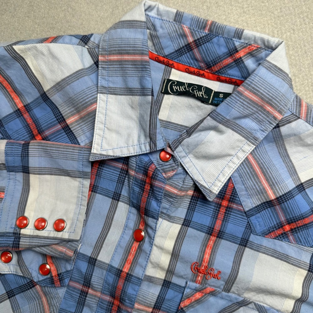 Cruel Girl Western Shirt Womens Small Blue Plaid Long Sleeve Snap CT16541001